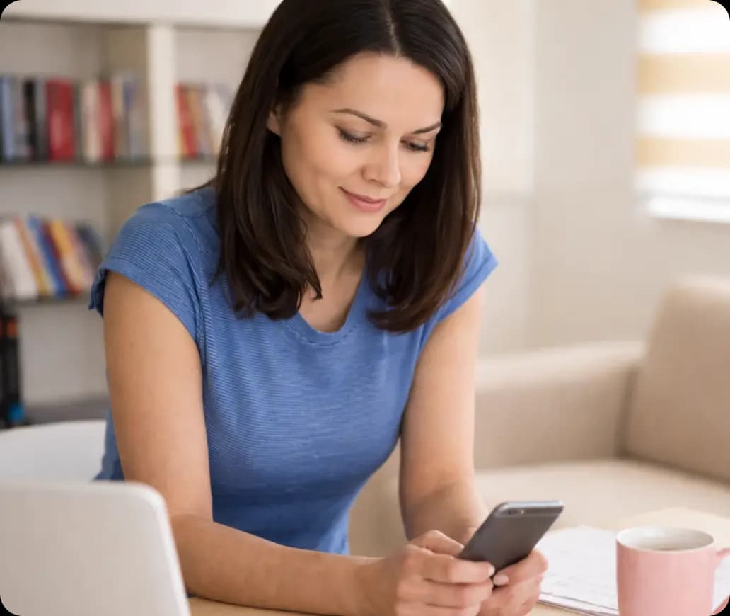 Woman smiling while using a smartphone at a desk with a laptop